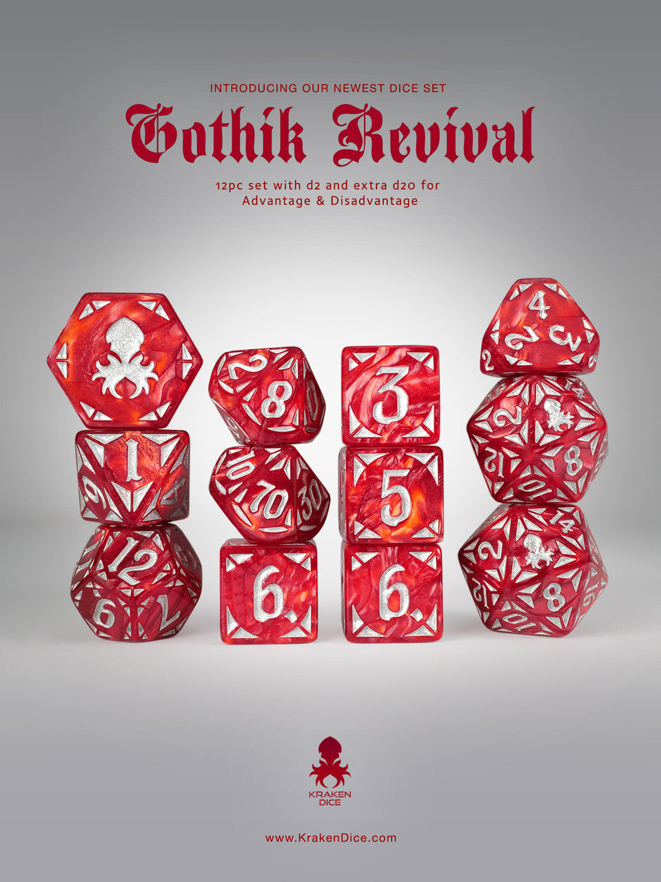 Red Gothik Revival  RPG 12pc Dice Set